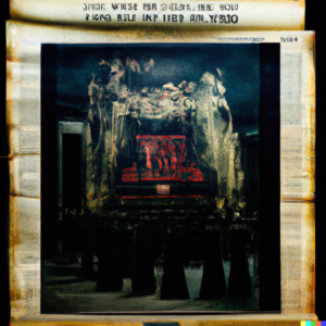 (Imagem de um papiro envelhecido com ação do tempo sobreposto por uma imagem digital, uma fotografia de uma igreja escura, permeada por bancos de madeira e influenciada pela ação do tempo, isso porque, está tomada por algumas estruturas que morfologicamente são similares a estruturas rochosas em tons de bege e terrosos, dispostas no centro da imagem . Ainda no centro da imagem existem também, formas abstratas no tom de vermelho, aparentemente sobrepostas a imagem, como especie de marca luminosa ou tintura.)