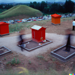 (Imagem de um campo aberto, no centro uma casinha vermelha com telhado branco, e outras duas casas em tons alaranjados nos cantos superiores da imagem, possuem telhados de mesma cor. Existem alguns vultos na coloração preta, próximos as casas. E uma figura humana no canto direito da imagem próximo a borda. Na perspectiva, ao fundo, outros campos abertos com o que parecem ser outras casas. O céu está azul em um tom de anoitecer ou amanhecer.)