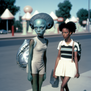 1- Imagem de 2 figuras humanas femininas no centro da imagem. Do lado direito uma garota jovem preta com cabelo crespo, dividido em dois coques, vestindo uma camisa polo listrada por dentro de uma saia branca, com mochila nas costas. Ao seu lado esquerdo uma figura extraterrestre pouco maior do que a menina, seu corpo com características humanas, exceto sua cabeça, que é azul e avantajada, com traços sobrenaturais e extraterrestres. A fotografia tem características vintage, com cores de fotografia analógica, com leve neblina no ar.