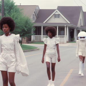 2- Na imagem, três figuras humanas femininas de pele preta estão caminhando para a esquerda em cenário com ruas largas, em uma atmosfera suburbana, com casas típicas estadunidenses. As personagens usam vestimentas brancas, macaquinhos. A fotografia possui cores e uma nitidez nebulosa de uma lente analógica. A terceira figura humana está no canto direito da fotografia e usa um capacete branco em referências espaciais e extraterrestres.