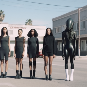 3- A imagem é composta por uma fila de meninas que estão dispostas de frente para a fotografia, em posição reta. A fila é composta por 4 figuras humanas, de diferentes etnias, que vestem roupas pretas justapostas ao corpo e botas pretas de cano médio e curto. Ao lado das figuras humanas, está disposta uma figura extraterrestre que está vestida com uma peça interiça de latex que na parte do tórax e braços ganha texturas de ranhuras. A peça se imenda com a cabeça, que se trata de um capacete oval totalmente coberto, em mesma textura do látex, liso e brilhante.