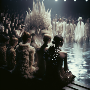 1-Imagem da série de imagens ‘’Walking on water THE YEAR OF THE FISH’’, a imagem se trata de um desfile de moda no qual o tema é peixes e o próprio ambiente aquático. A passarela está tomada por água e os convidados estão sentados em volta dela. Ao centro há uma estrutura branca com escamas e filetes semelhante a um coral ou animal aquático. No centro da imagem, parte da passarela, na qual as convidadas do desfile estão sentadas de costas para a perspectiva da imagem, assistem o desfile com roupas exuberantes com texturas que fazem igualmente referência ao mesmo tema e ambientação do desfile. Ao fundo no canto superior esquerdo observam-se holofotes que iluminaram a passarela e refletem na água.