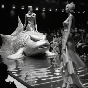 2- Imagem em escalas de preto e branco que revela com mais detalhes o momento do desfile no qual as modelos desfilam na passarela. A passarela está no centro da imagem e coberta com uma pequena quantidade de água que cobre apenas os pés.Como figura central, uma mulher veste roupas simples e está sentada em cima de um enorme peixe, alegórico. Mais ao canto da imagem, em perspectiva, outra modelo está cruzando a passarela. A plateia assiste o desfile no canto direito e holofotes iluminam refletindo na água