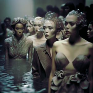 6- Imagem que possui a mesma ambientação da imagem 4, agora em tons mais escuros. Existem 6 figuras humanas principais, submersas na água até a altura da cintura, as modelos vestem vestidos, blazers, com texturas, brilhos e volumosos, em suas cabeças, acessórios de cabeça transparentes que se assemelham à forma da água.