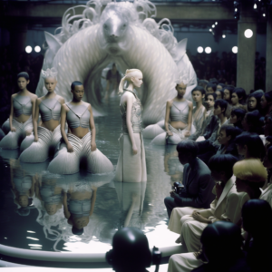 9-Imagem com ambientação similar a imagem 8. Agora com outra alegoria no meio da passarela, um grande arco similar a um portal, em tons de branco perolado, com formato de algo que parece ser um dragão aquático ou uma figura mitológica. No centro do arco, um rosto, da criatura. Na frente do arco, mais a frente na perspectiva, uma modelo de cabelo platinado com cabelo preso em um rabo de cavalo, em uma pose de perfil a perspectiva. Ao seu lado 3 modelos do lado esquerdo e 1 do lado direito, tem diferentes etnias e características físicas. Mas todas vestem as mesmas roupas. Um colete geométrico prateado parecendo um objeto de proteção, e calças muito amplas e circulares no tom de pérola, com texturas lineares. A passarela está coberta com água até os joelhos e tem formato também circular. Ao lado direito observa-se a plateia, e no centro, uma câmera. 