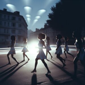 4- Na imagem 7 meninas estão dispostas em diferentes planos da imagem, atravessando um cruzamento na calçada, todas no sentido da esquerda para a direita. Todas vestem vestidos curtos com saias rodadas em uma cor clara, que reflete a luz presente na foto, que atravessa a imagem e reflete no asfalto no centro da foto. As personagens estão todas de salto, e numa gestualidade semelhante a uma dança, isso porque, estão capturadas em movimento, muitas vezes na metade de uma passada, ou no ar.